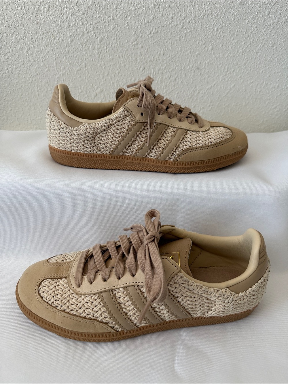 adidas Beige Tan Woven Gazelle-Style Sneakers
